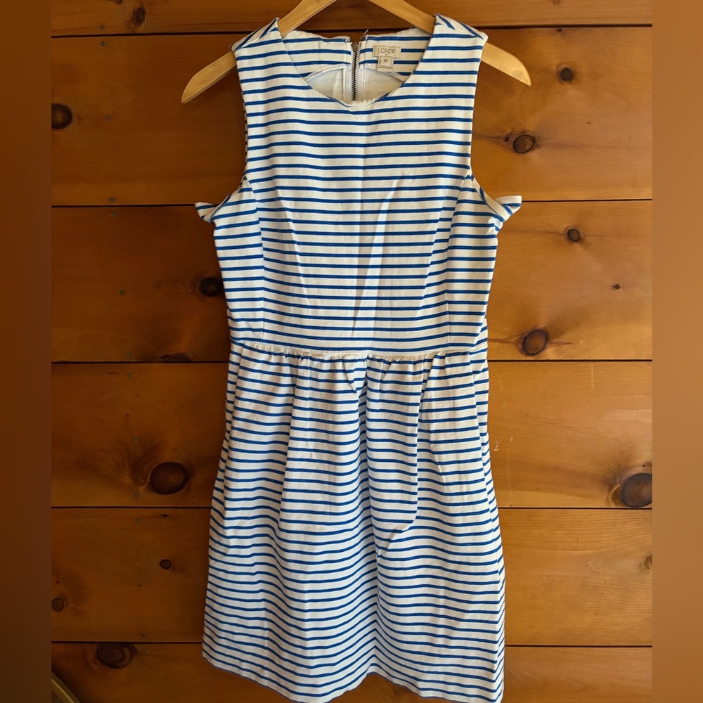 J. Crew White and Blue Striped Sleeveless Fit-and-Flare Dress